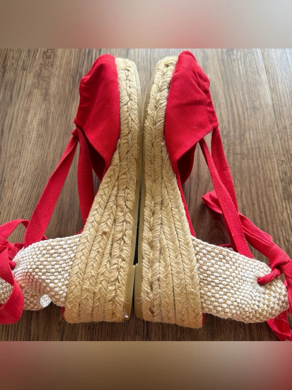 Rouje Paris Red Canvas Lace-Up Espadrille Wedges